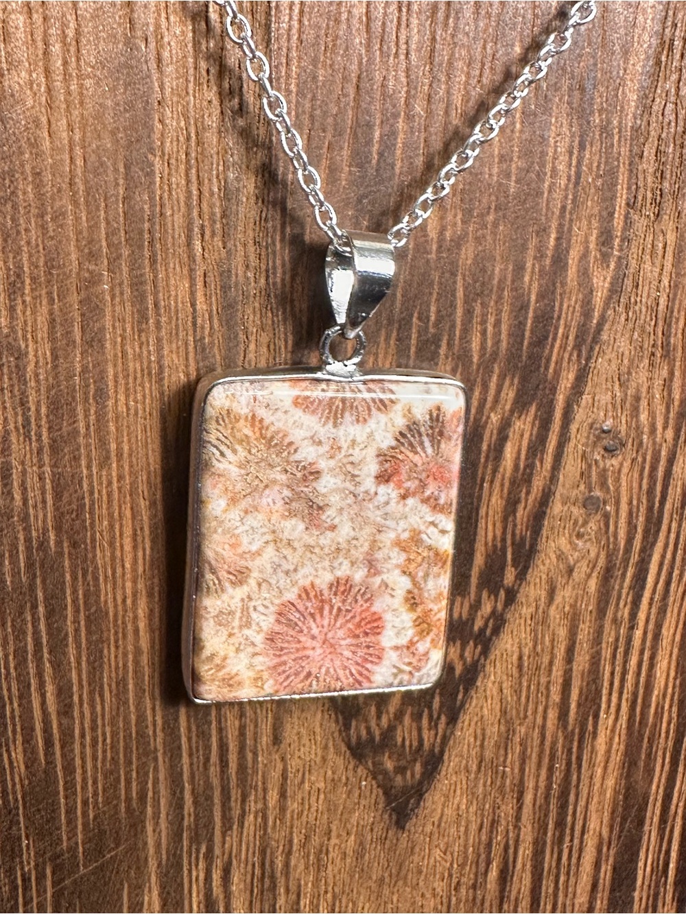 Coral Fossil Pendant Necklace on Silver Plated Box Chain - Picture 11 of 16